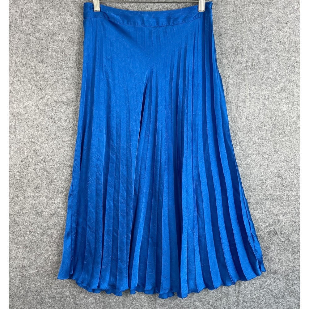 Zara Pleated Midi Skirt Womens Large Blue Crinkle Lightweight Vibrant